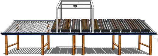 Render de uma linha de bancadas com estação de fotografia